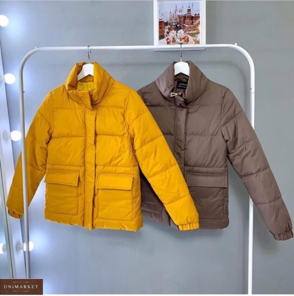 Купить желтую, мокко куртку с накладными карманами недорого (размер 44-48)