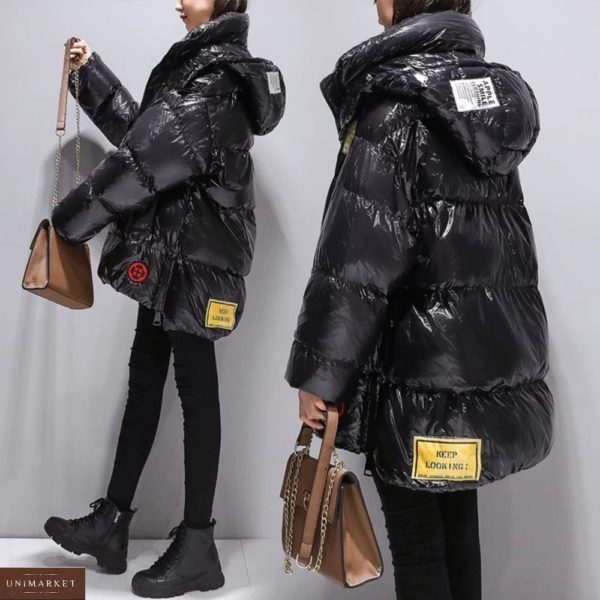 Купити чорну жіночу подовжену куртку оверсайз з капюшоном (розмір 44-50) теплу недорого