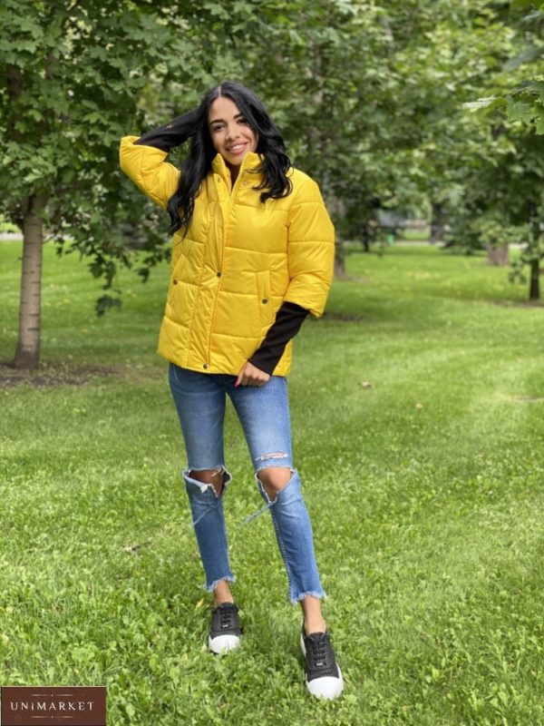 Замовити жовту жіночу зимову куртку на змійці з укороченим рукавом онлайн