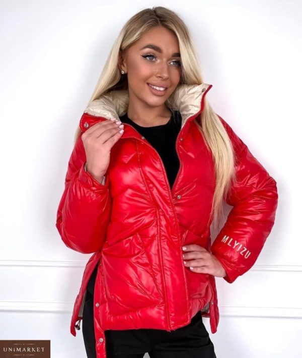 Купити жіночу куртку червону на синтепоні з розрізами з боків (розмір 44-50) по знижці