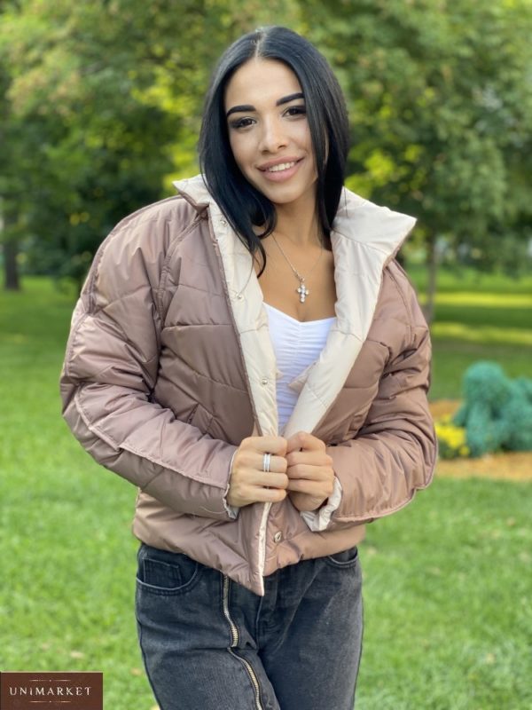 Купити мокко жіночу двосторонню коротку куртку з накладними кишенями на осінь за низькими цінами