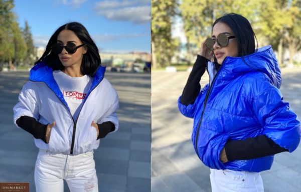 Придбати синьо / білу коротку двосторонню куртку з трикотажними рукавами онлайн жіночу