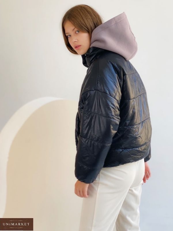 Купить женскую короткую куртку оверсайз с воротником стойкой (размер 42-48) черного цвета онлайн