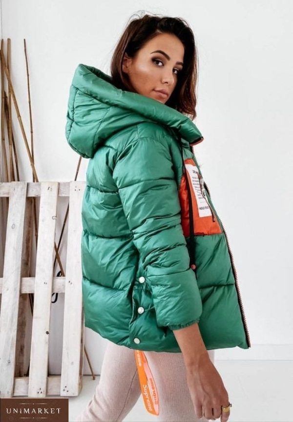 Купити жіночу куртку з капюшоном на змійці з плащової тканини лаку (розмір 42-48) зеленого кольору за низькими цінами