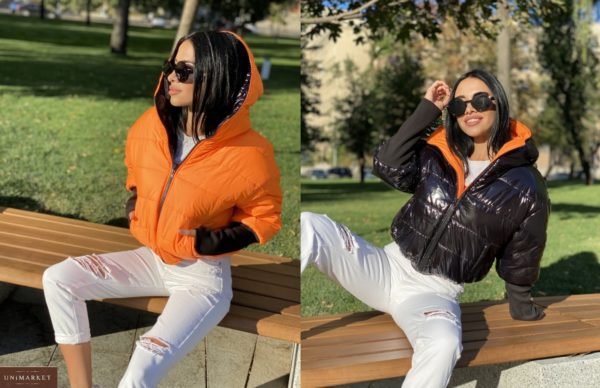 Заказать оранж/черный короткую двустороннюю куртку с трикотажными рукавами в интернете для женщин