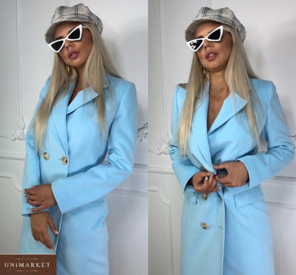 Приобрести на распродаже двубортное пальто с пуговицами голубое женское онлайн