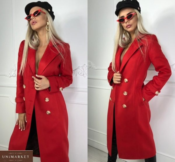 Заказать женское удлиненное двубортное пальто из кашемира красного цвета недорого