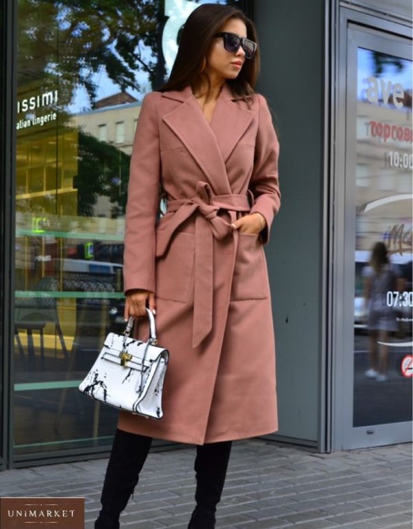 Замовити жіноче пальто кольору мокко з кашеміру з поясом онлайн