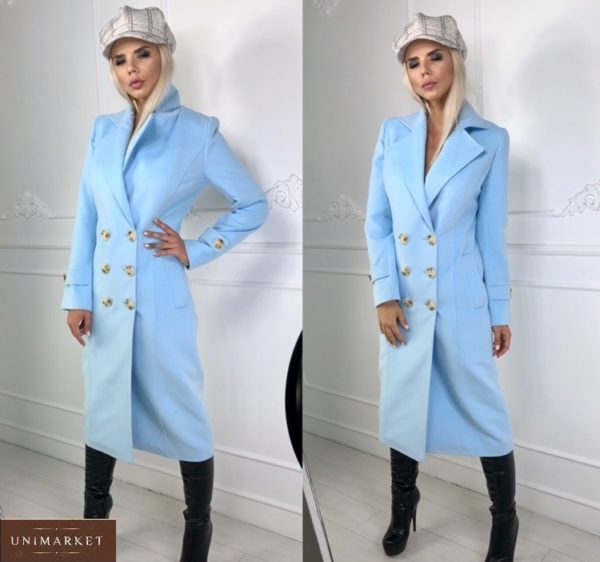 Приобрести голубое удлиненное двубортное женское пальто из кашемира по скидке