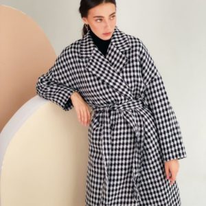 Замовити чорно-біле кашемірове жіноче пальто з поясом (розмір 42-48) онлайн