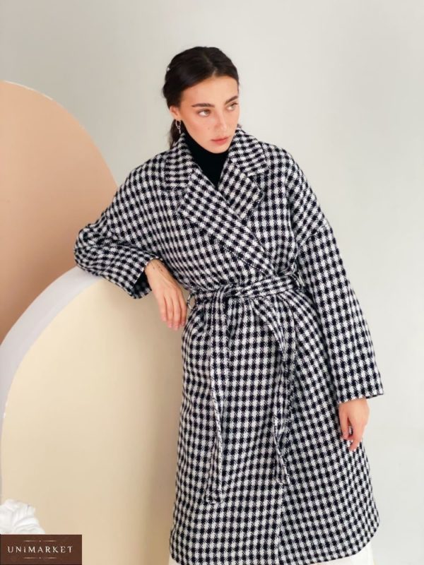 Заказать черно-белое кашемировое женское пальто с поясом (размер 42-48) онлайн