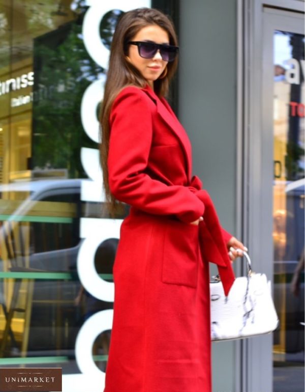 Придбати вигідно червоне пальто з кашеміру з поясом для жінок