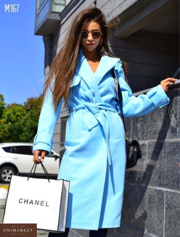 Купить голубое кашемировое пальто с пелеринкой и поясом для женщин на осень онлайн