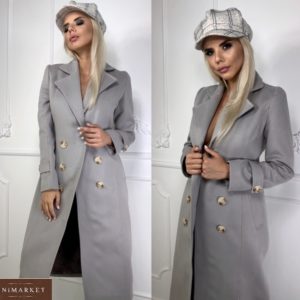 Купить женское удлиненное двубортное пальто из кашемира серого цвета в Украине