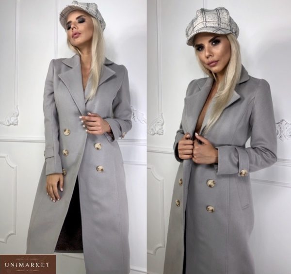 Купити жіноче подовжене двубортне пальто з кашеміру сірого кольору в Україні