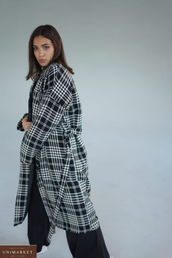 Купить серое кашемировое пальто в клетку с поясом (размер 42-52) женское на осень-зиму по низким ценам