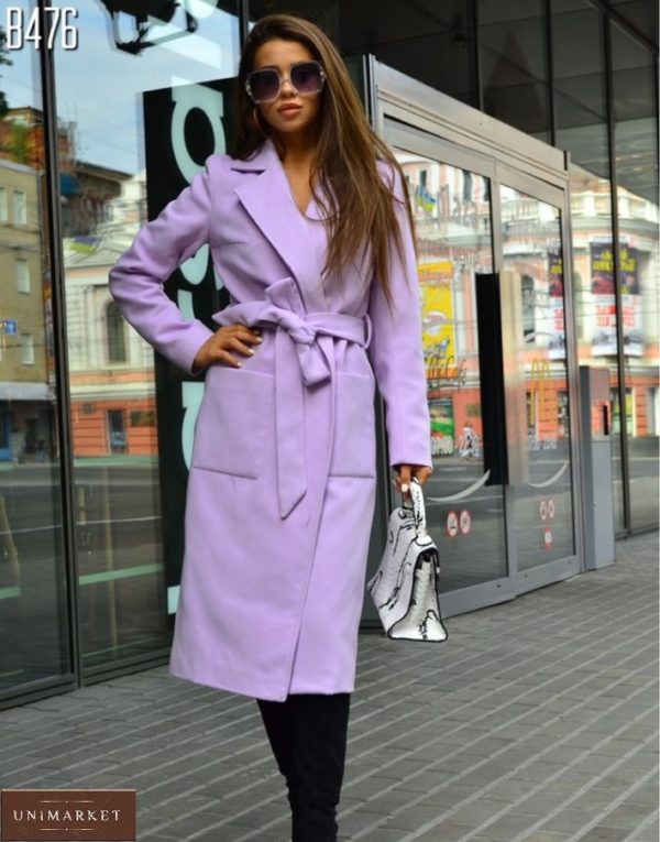 Заказать женское пальто из кашемира с поясом лилового цвета по скидке