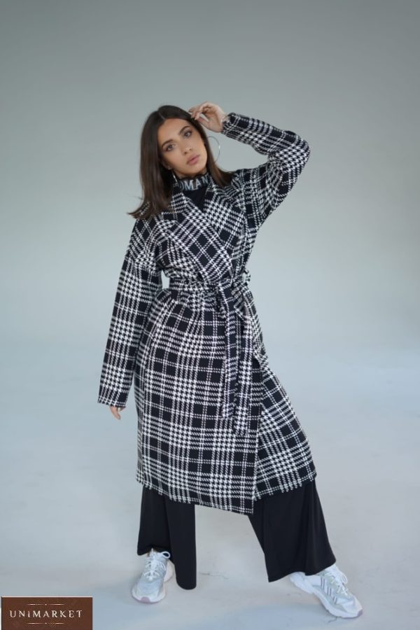 Приобрести серого цвета на зиму кашемировое пальто в клетку с поясом (размер 42-52) онлайн женское