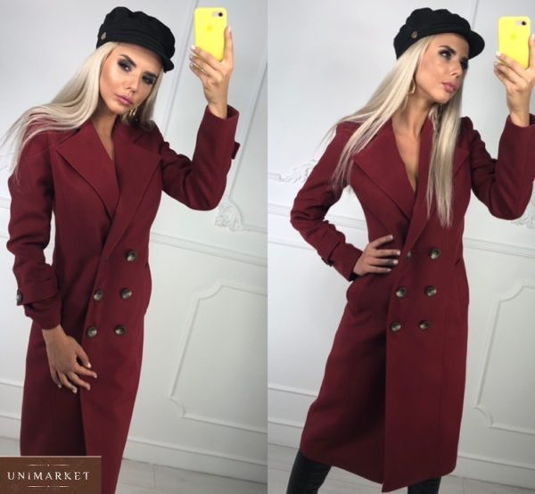 Приобрести бордовое удлиненное двубортное пальто для женщин из кашемира онлайн