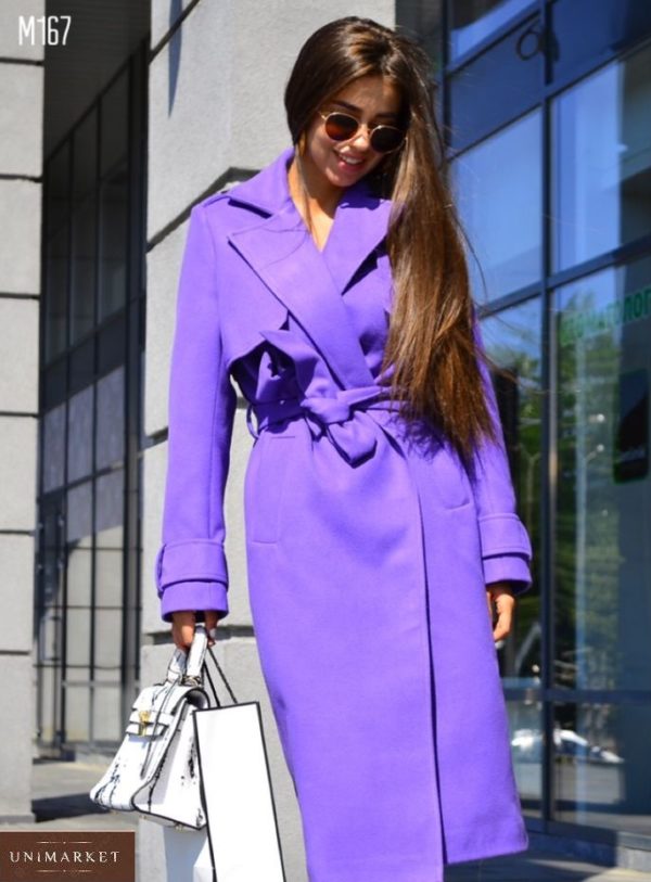 Заказать лилового цвета кашемировое пальто с пелеринкой и поясом для женщин выгодно