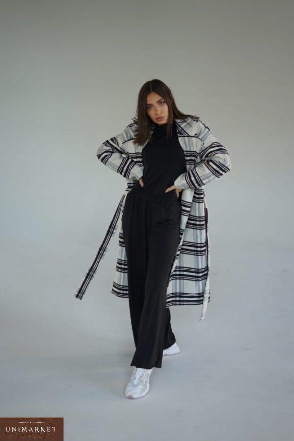 Заказать женское серое кашемировое пальто в клетку с поясом (размер 42-52) онлайн