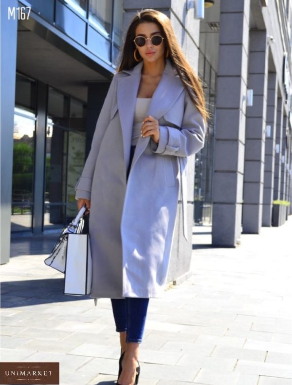 Замовити сіре кашемірове пальто для жінок з пелеринкою і поясом недорого
