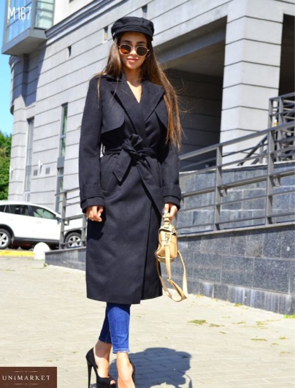 Купить черного цвета кашемировое пальто с пелеринкой и поясом для женщин в Украине