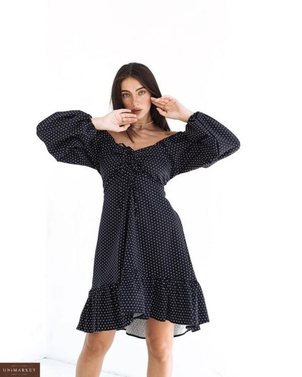 Купити плаття в горошок з котону чорне жіноче з довгим рукавом і поясом (розмір 42-52) в Україні