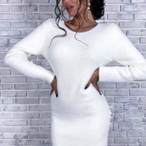 Приобрести белое теплое платье из ангоры с открытой спиной с кружевом для женщин на зиму онлайн