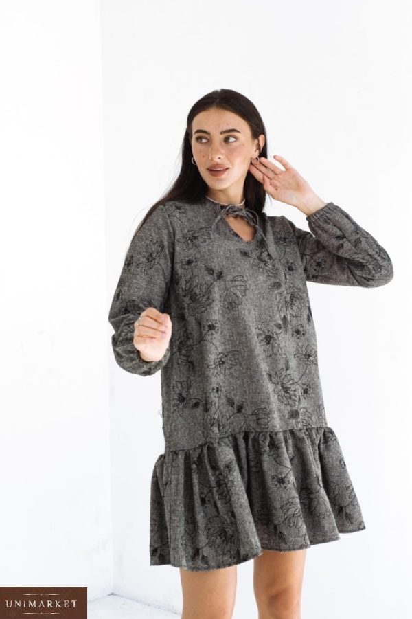 Заказать женское серое шерстяное платье оверсайз с длинным рукавом (размер 42-52) на осень недорого