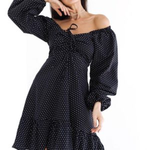 Замовити жіноче чорне плаття в горошок з котону з довгим рукавом і поясом (розмір 42-52) недорого
