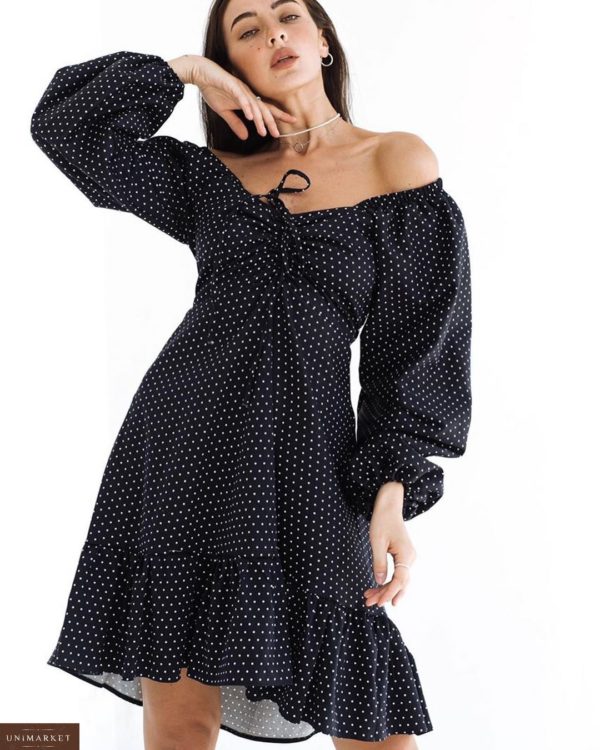 Заказать женское черное платье в горошек из коттона с длинным рукавом и поясом (размер 42-52) недорого