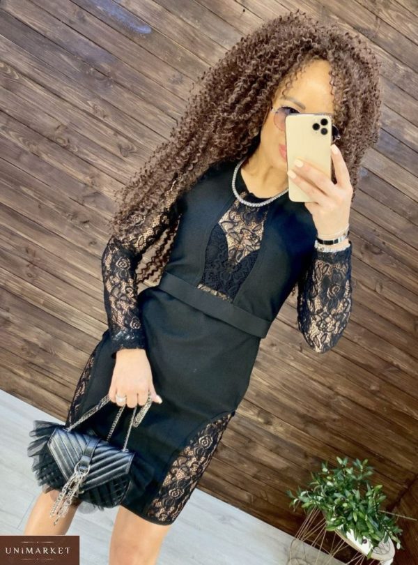 Придбати елегантне плаття з мереживом з довгим рукавом для жінок чорне вигідно