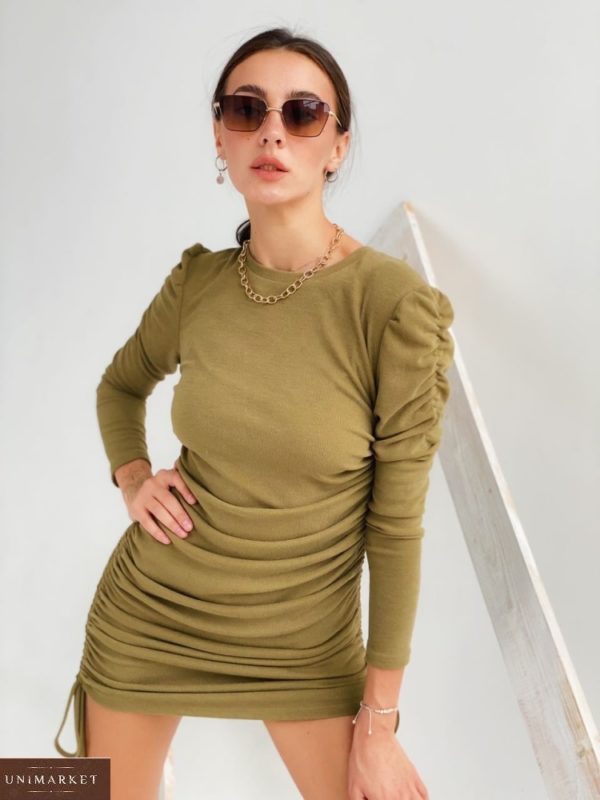 Замовити кольору хакі трикотажне жіноче плаття міні з довгим рукавом онлайн