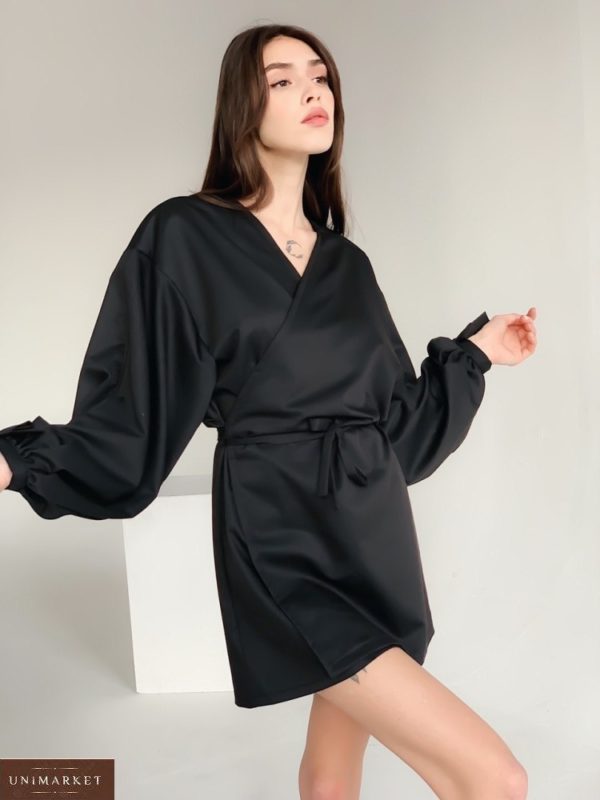Заказать черное женское платье оверсайз на запах с широкими рукавами (размер 42-48) выгодно