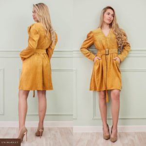 Замовити кольору гірчиця для жінок вельветове плаття з довгим рукавом онлайн