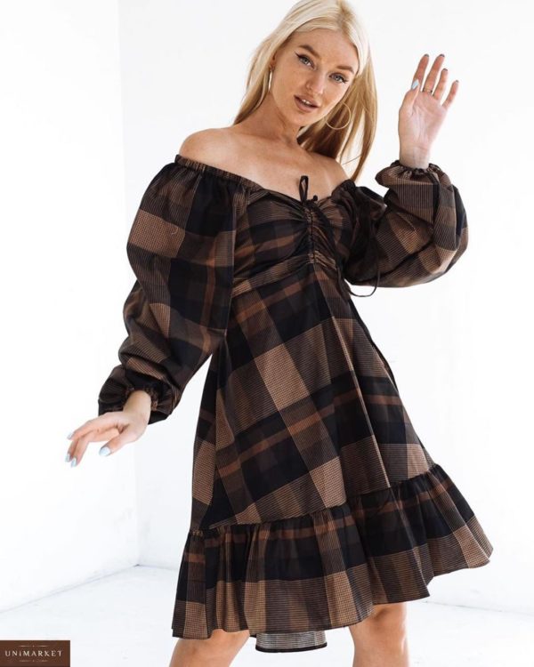 Заказать женское платье в клетку из коттона с длинным рукавом и поясом (размер 42-52) коричневого цвета онлайн