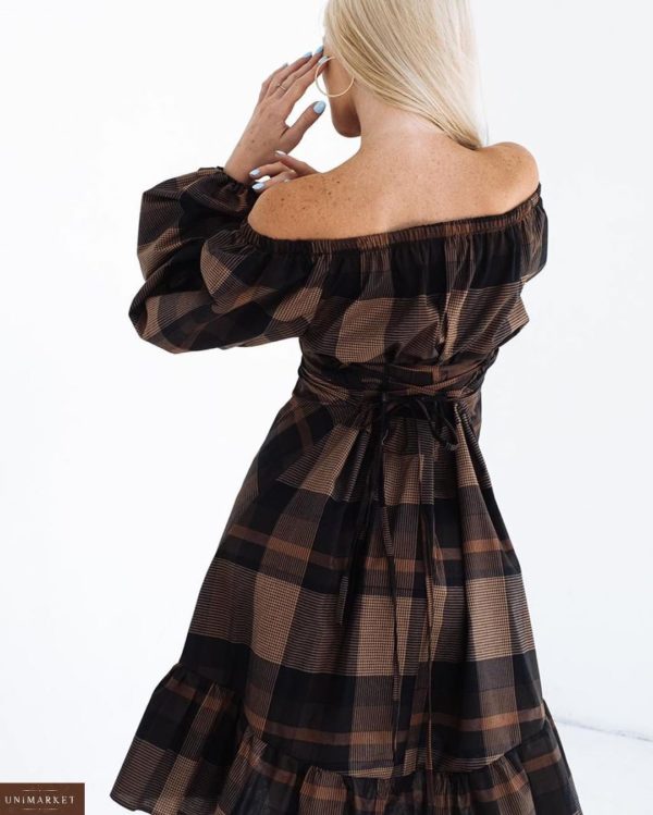 Приобрести платье с поясом коричневое для женщин в клетку из коттона с длинным рукавом (размер 42-52) выгодно