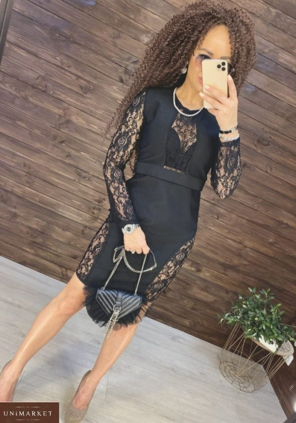 Заказать женское черное элегантное платье с кружевом с длинным рукавом онлайн
