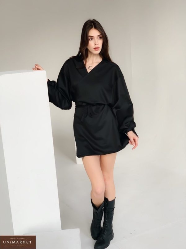 Придбати жіночу сукню оверсайз на запах з широкими рукавами (розмір 42-48) чорного кольору недорого