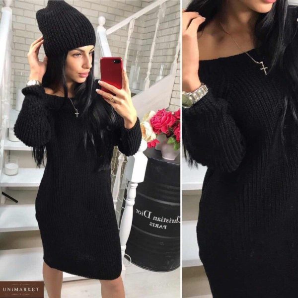 Придбати жіночу сукню-туніку з відкритими плечима + шапка чорного кольору вигідно