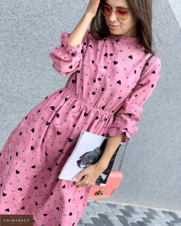 Заказать розовое вельветовое платье с длинным рукавом с сердечками для женщин недорого
