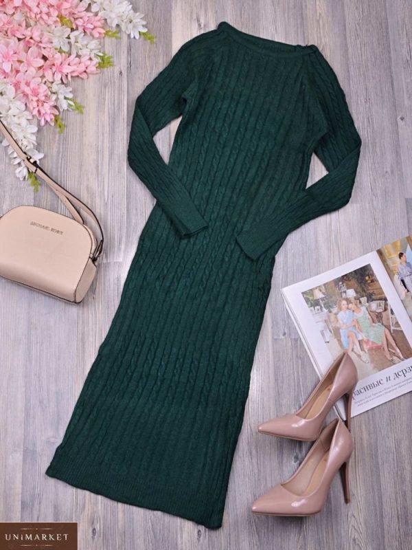 Приобрести зеленое женское платье вязкой косичка с длинным рукавом выгодно