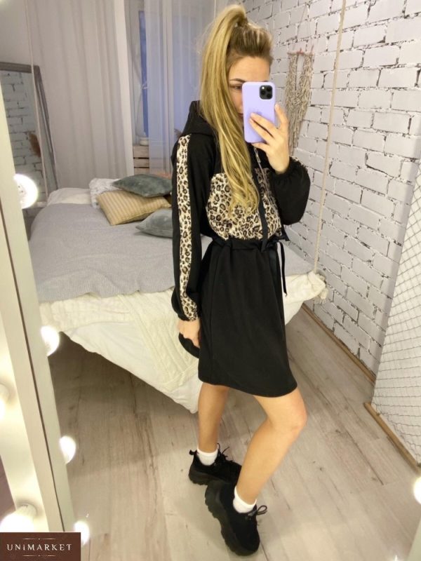 Заказать черного цвета платье в спортивном стиле с принтованной вставкой (размер 42-52) для женщин в Украине