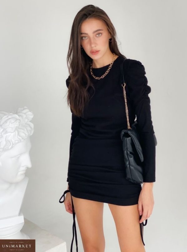 Придбати жіночу трикотажну сукню міні з довгим рукавом чорного кольору в Україні