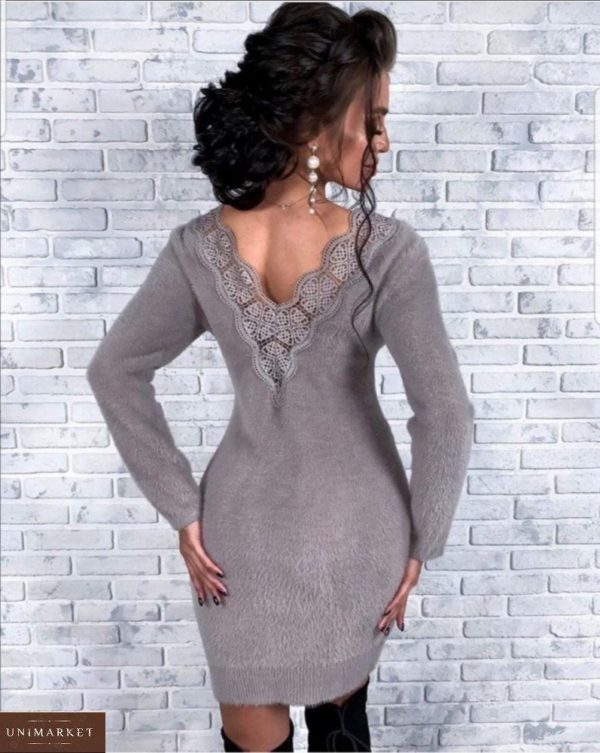 Купить серого цвета теплое платье из ангоры с открытой спиной с кружевом для женщин по низким ценам
