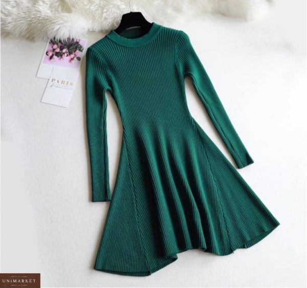 Купить зеленое женское платье машинной вязки с длинным рукавом выгодно
