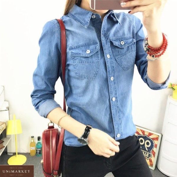 Замовити жіночу синю джинсову сорочку на ґудзиках онлайн