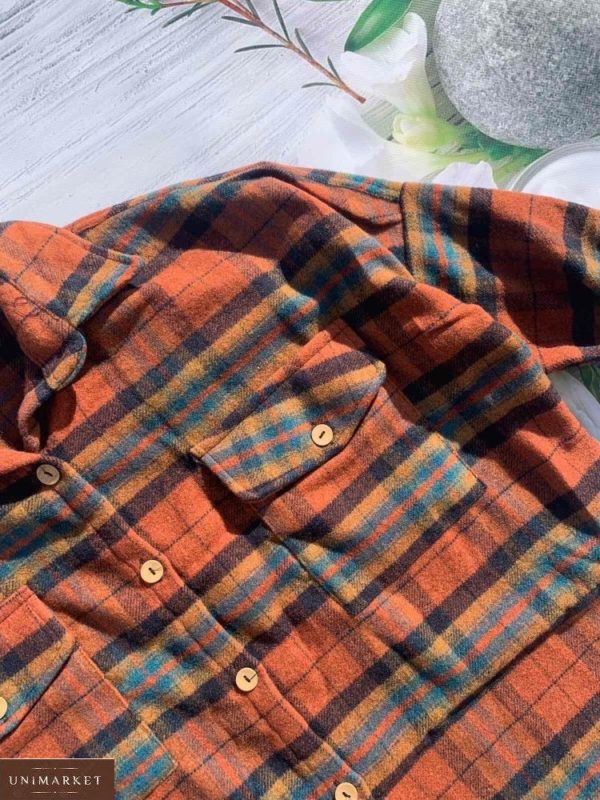 Придбати жіночу байкову сорочку з кишенею в клітку помаранчеву в інтернеті