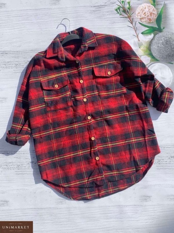 Придбати червону байкову сорочку з кишенею в клітку для жінок онлайн